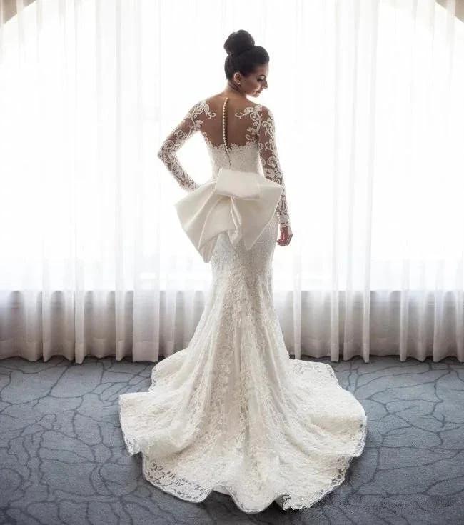 Stunning Mermaid Lace Bowknot Wedding Bride Dress Detachable Overskirt Sleeve Bridal Dress by misshow.com