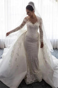 Stunning Mermaid Lace Bowknot Wedding Bride Dress Detachable Overskirt Sleeve Bridal Dress by misshow.com