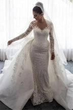 Stunning Mermaid Lace Bowknot Wedding Bride Dress Detachable Overskirt Sleeve Bridal Dress by misshow.com