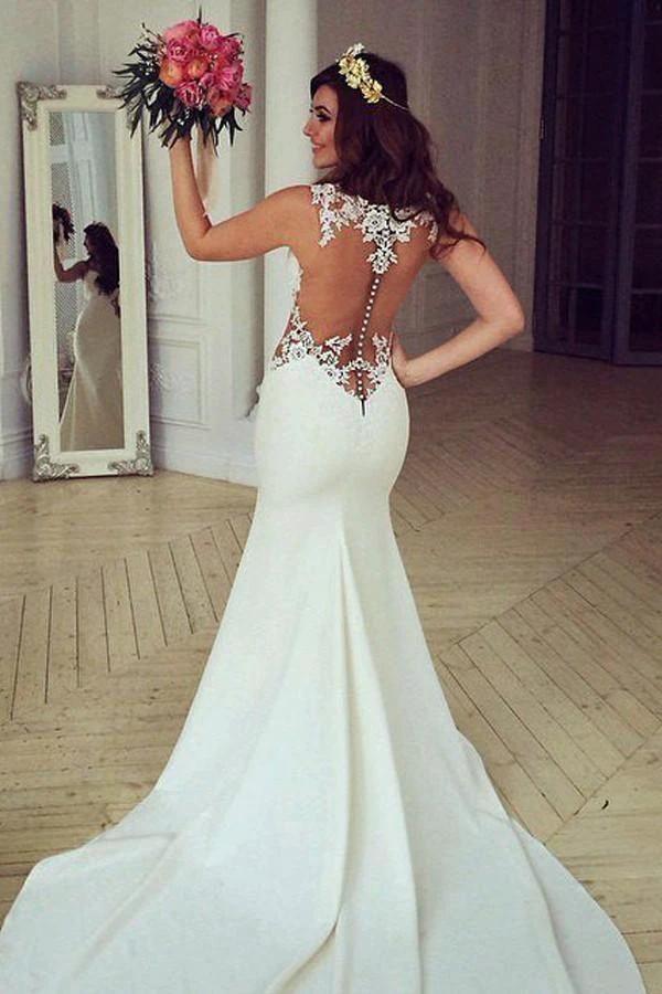 Stunning Mermaid Sleeveless Lace Wedding Dress Zipper Button WD041 by pgmdress