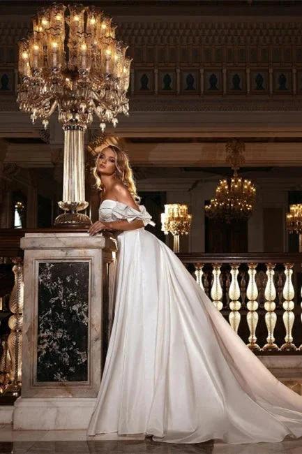 Stunning Off Shoulder White Floral Mermaid Slim Wedding Gowns Sweetheart Long Bridal Dress with Detachable Tail by misshow.com