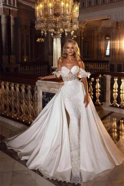 Stunning Off Shoulder White Floral Mermaid Slim Wedding Gowns Sweetheart Long Bridal Dress with Detachable Tail by misshow.com
