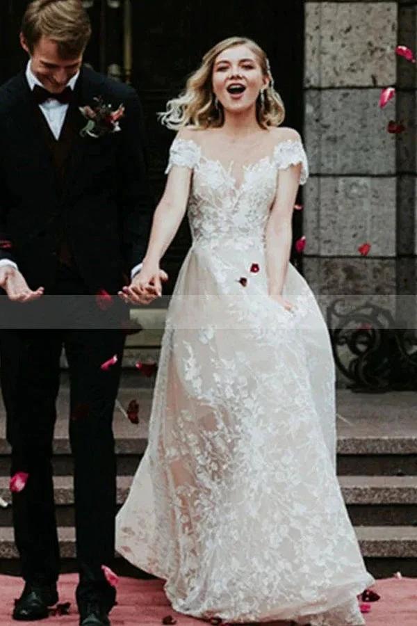Stunning Off-the-ShoulderFloral Lace Bridal Gown Princess Wedding Dress by misshow.com