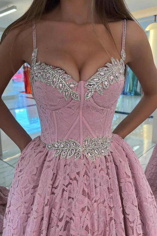 Stunning Pink Long A-line Sweetheart Beadings Lace Prom Dresses by BIZTUNNEL