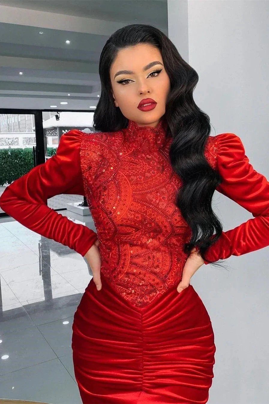Stunning Red Velvet High Neck Mermaid Prom Dress Long Sleeves by misshow.com
