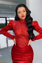 Stunning Red Velvet High Neck Mermaid Prom Dress Long Sleeves by misshow.com