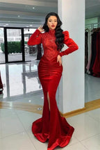 Stunning Red Velvet High Neck Mermaid Prom Dress Long Sleeves by misshow.com