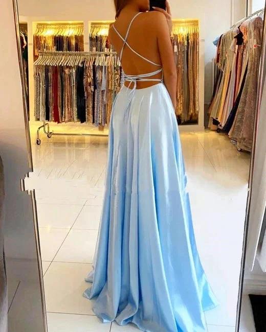 Stunning Spaghetti Straps Satin Evening Dress with Side Slit by misshow.com