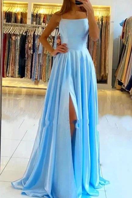 Stunning Spaghetti Straps Satin Evening Dress with Side Slit by misshow.com