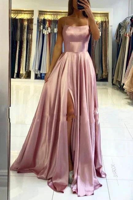 Stunning Spaghetti Straps Satin Evening Dress with Side Slit by misshow.com