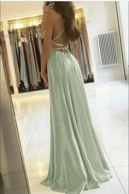 Stunning Spaghetti Straps Satin Evening Dress with Side Slit by misshow.com