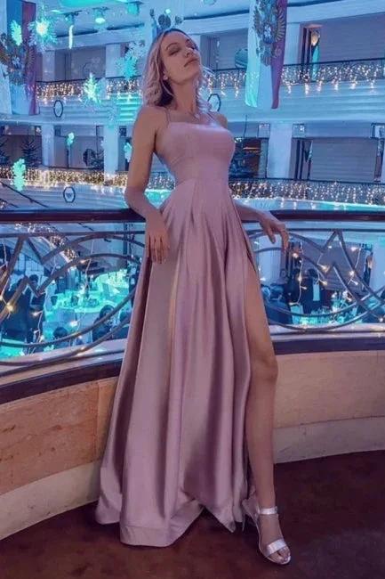 Stunning Spaghetti Straps Satin Evening Dress with Side Slit by misshow.com