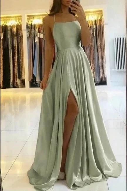 Stunning Spaghetti Straps Satin Evening Dress with Side Slit by misshow.com