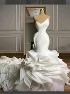Stunning Strapless Organza Tiered Piping Mermaid Wedding Dress by misshow.com