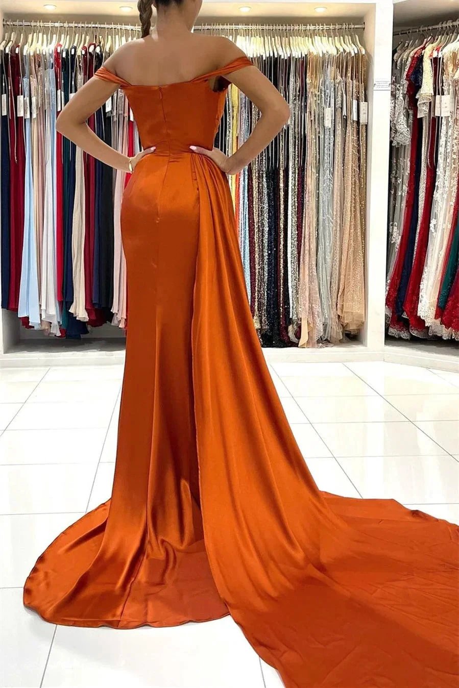 Stunning Stretch Satin Off Shoulder Evening Gown with Side Slit Detachable Train by misshow.com