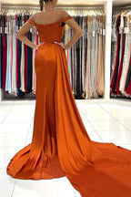 Stunning Stretch Satin Off Shoulder Evening Gown with Side Slit Detachable Train by misshow.com