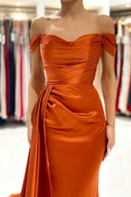 Stunning Stretch Satin Off Shoulder Evening Gown with Side Slit Detachable Train by misshow.com
