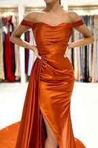 Stunning Stretch Satin Off Shoulder Evening Gown with Side Slit Detachable Train by misshow.com