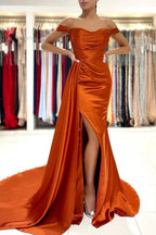 Stunning Stretch Satin Off Shoulder Evening Gown with Side Slit Detachable Train by misshow.com