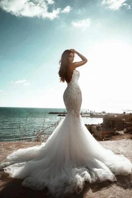 Stunning Sweetheart Beading Mermaid Wedding Gown Sleeveless Tulle Bridal Dress by misshow.com