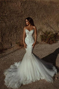 Stunning Sweetheart Beading Mermaid Wedding Gown Sleeveless Tulle Bridal Dress by misshow.com