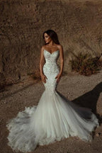 Stunning Sweetheart Beading Mermaid Wedding Gown Sleeveless Tulle Bridal Dress by misshow.com