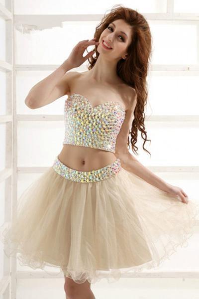 Stunning Two Piece Short Tulle Beaded Sweet Homecoming/Party Dress PD119 Hover Image