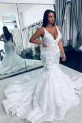Stunning V-Neck Sleeveless Mermaid Wedding Gown Floral Lace Bridal Gown by misshow.com