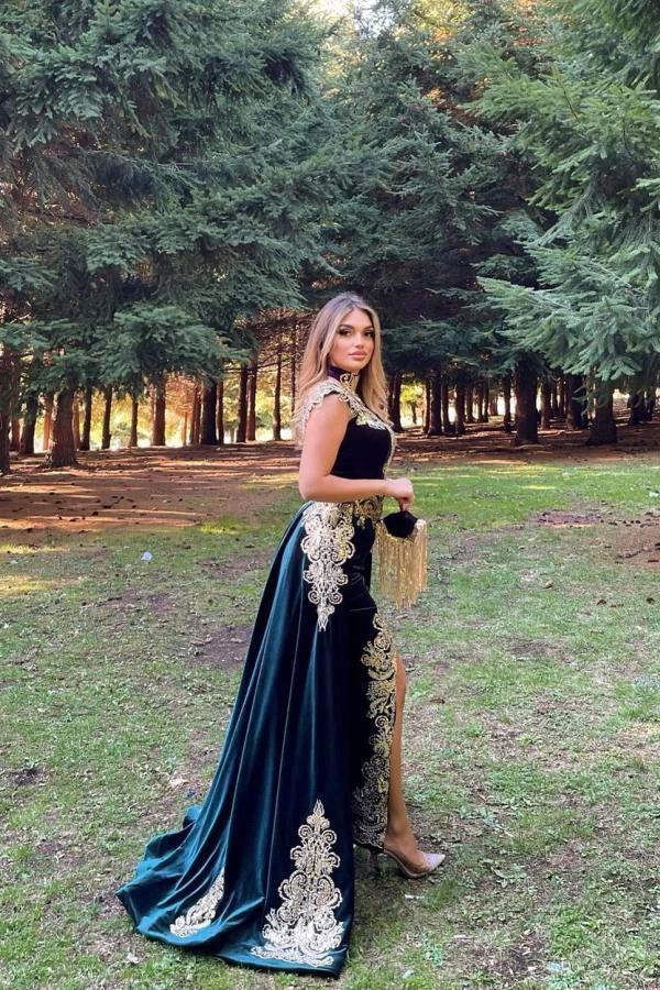 Stunning Velvet Evening Gown Sleeveless Gold Appliques Formal Dress with Detachable Train Side Slit by misshow.com