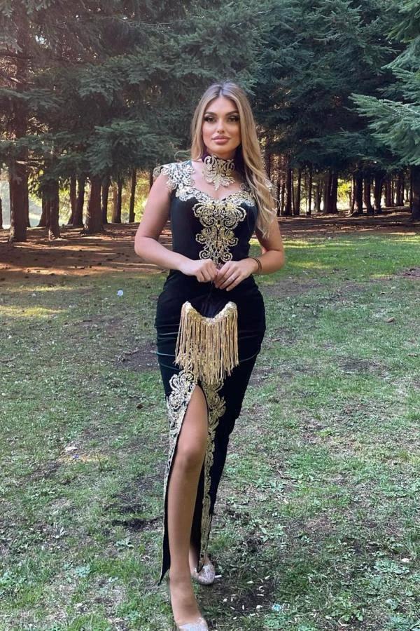 Stunning Velvet Evening Gown Sleeveless Gold Appliques Formal Dress with Detachable Train Side Slit by misshow.com