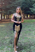 Stunning Velvet Evening Gown Sleeveless Gold Appliques Formal Dress with Detachable Train Side Slit by misshow.com