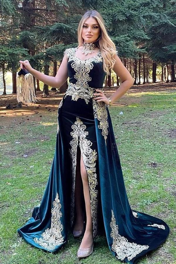 Stunning Velvet Evening Gown Sleeveless Gold Appliques Formal Dress with Detachable Train Side Slit by misshow.com