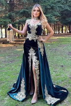 Stunning Velvet Evening Gown Sleeveless Gold Appliques Formal Dress with Detachable Train Side Slit by misshow.com
