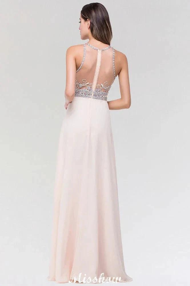 Stylish A-Line Chiffon Tulle Scoop Sleeveless Floor-Length Bridesmaid Dress with Beadings by misshow.com