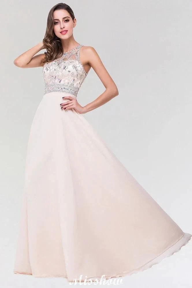 Stylish A-Line Chiffon Tulle Scoop Sleeveless Floor-Length Bridesmaid Dress with Beadings by misshow.com