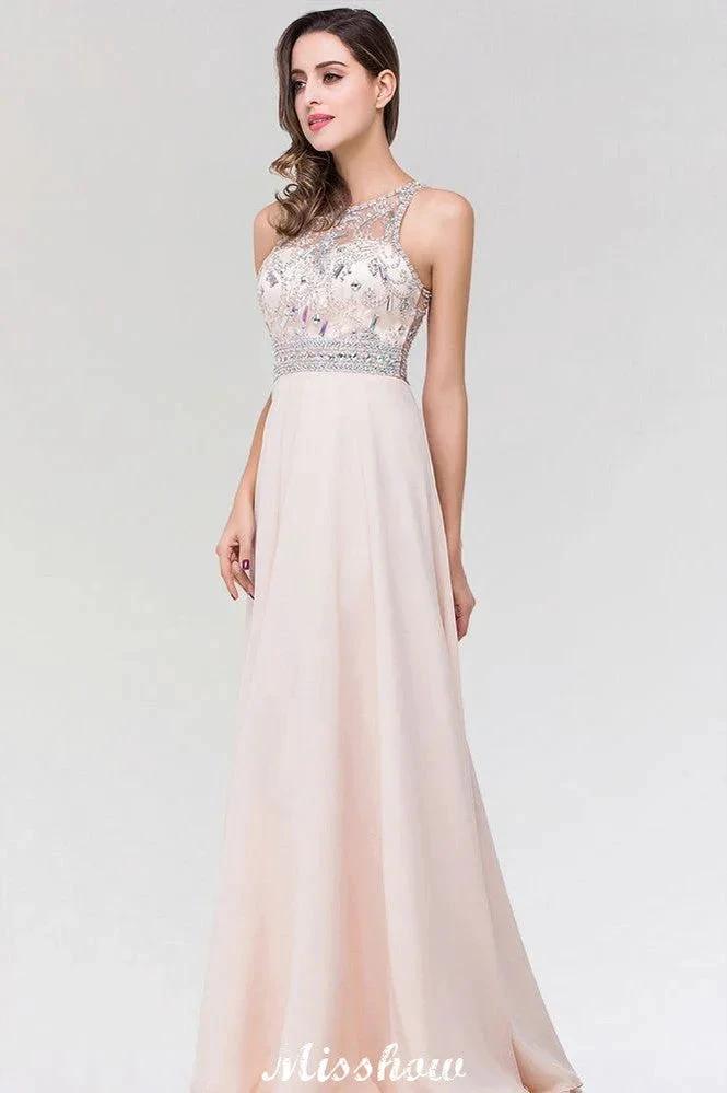 Stylish A-Line Chiffon Tulle Scoop Sleeveless Floor-Length Bridesmaid Dress with Beadings by misshow.com