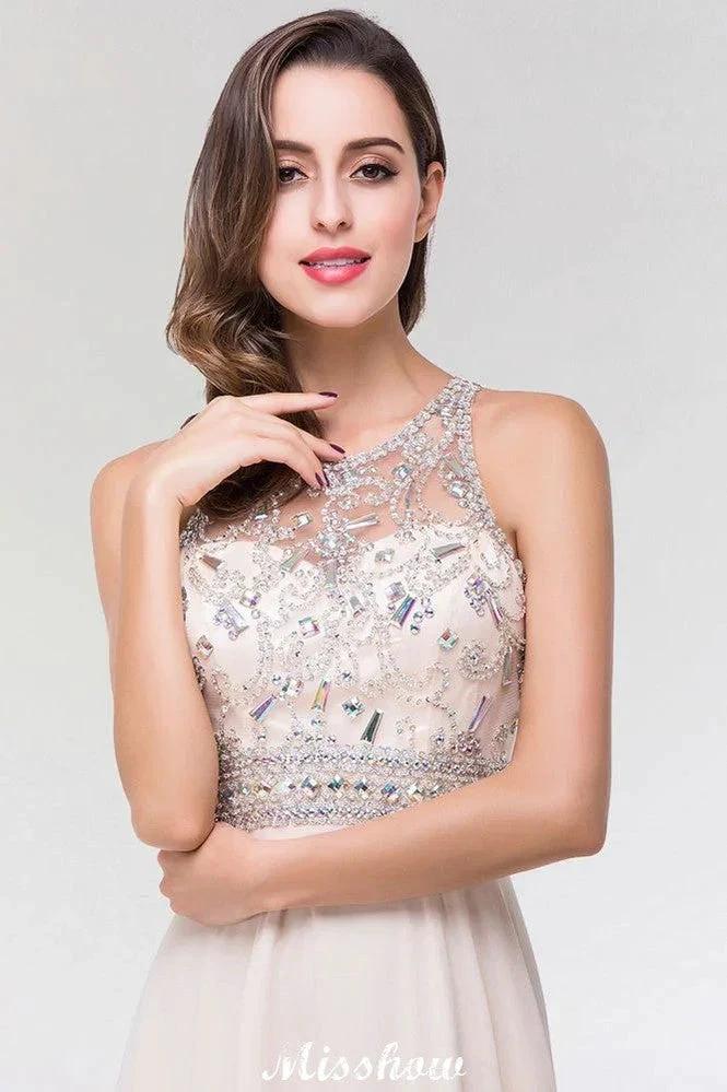 Stylish A-Line Chiffon Tulle Scoop Sleeveless Floor-Length Bridesmaid Dress with Beadings by misshow.com