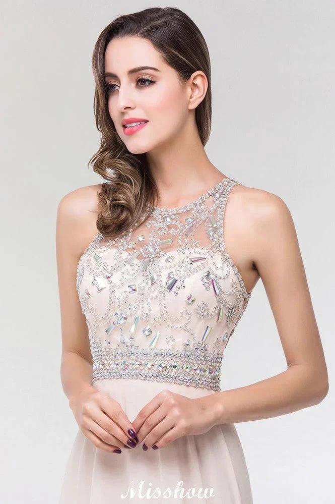Stylish A-Line Chiffon Tulle Scoop Sleeveless Floor-Length Bridesmaid Dress with Beadings by misshow.com