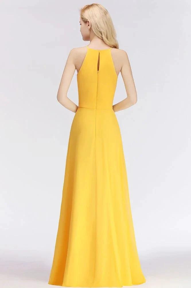 Stylish A-line Halter Sleeveless Floor Length Yellow Bridesmaid Dresses by misshow.com