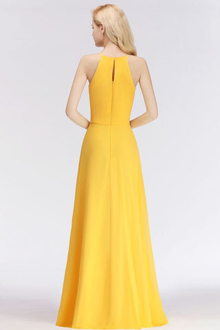 Elegantes vestidos de dama de honor amarillos de corte A, sin mangas, hasta el suelo y con cuello halter