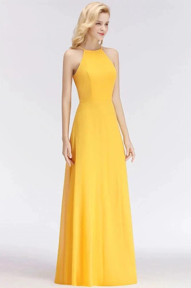 Stylish A-line Halter Sleeveless Floor Length Yellow Bridesmaid Dresses by misshow.com