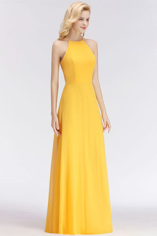 Elegantes vestidos de dama de honor amarillos de corte A, sin mangas, hasta el suelo y con cuello halter
