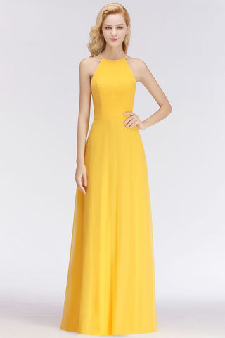 Elegantes vestidos de dama de honor amarillos de corte A, sin mangas, hasta el suelo y con cuello halter