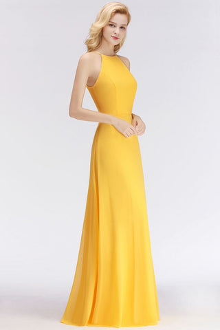 Elegantes vestidos de dama de honor amarillos de corte A, sin mangas, hasta el suelo y con cuello halter