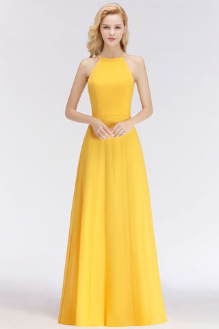 Elegantes vestidos de dama de honor amarillos de corte A, sin mangas, hasta el suelo y con cuello halter