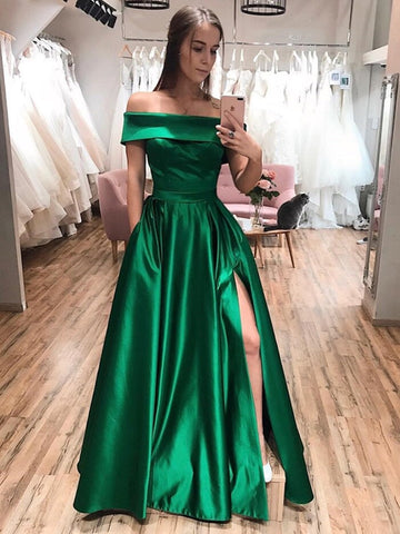 Elegante vestido de fiesta formal largo de satén con hombros descubiertos y corte A con abertura lateral