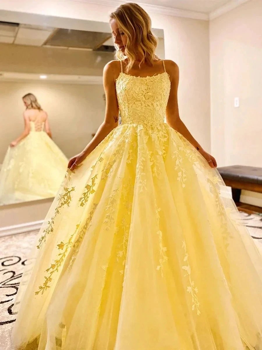 Stylish A-line Spaghetti Straps Backless Lace Long Formal Prom Dresses by BIZTUNNEL