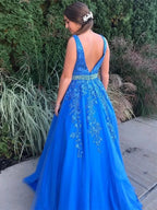 Stylish A-line V Neck Backless Tulle Lace Long Prom Dresseswith Belt by BIZTUNNEL