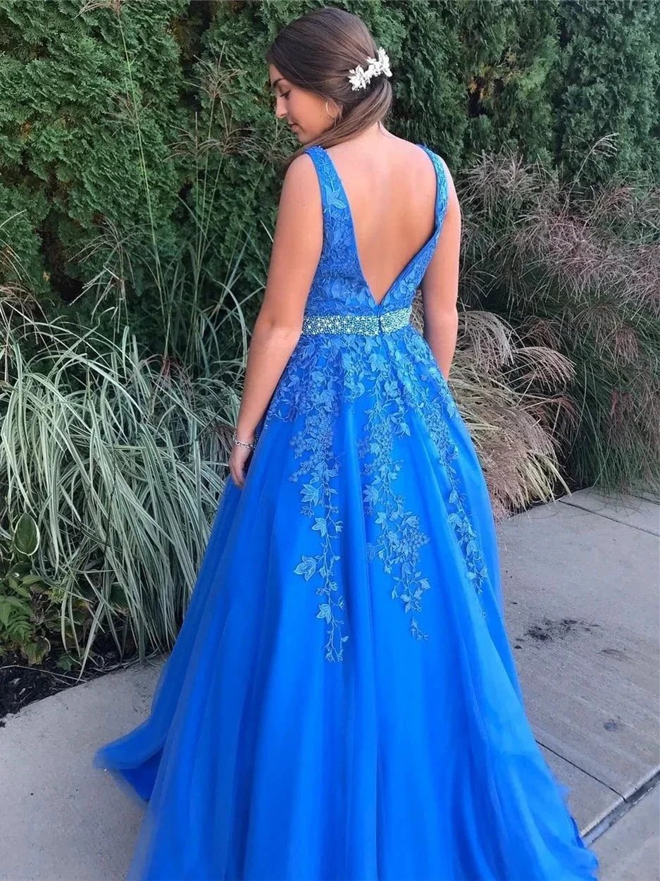 Stylish A-line V Neck Backless Tulle Lace Long Prom Dresseswith Belt by BIZTUNNEL