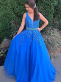 Stylish A-line V Neck Backless Tulle Lace Long Prom Dresseswith Belt by BIZTUNNEL